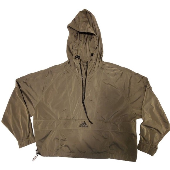 Adidas Tops - Adidas Hooded Cropped Nylon Windbreaker Olive Green Sz L 1/2 Zip Cinch Waist Y2K